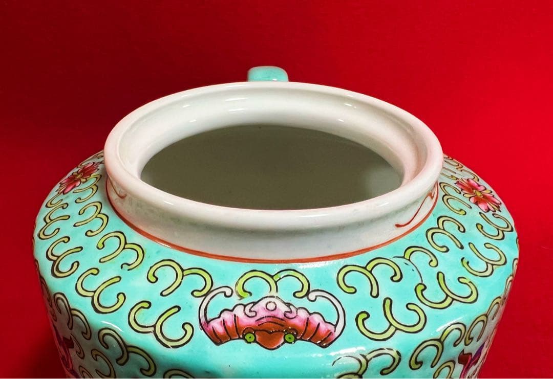 中国美術 粉彩福壽双全蝙蝠 壽 花柄 大茶壺 大急須 水注 中國景德鎮 茶道具