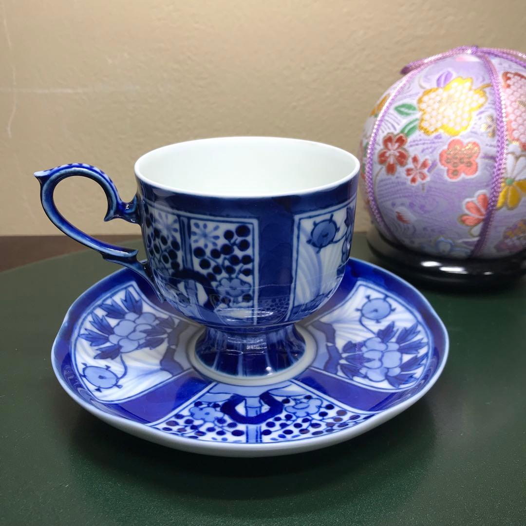 深川製磁　VOC 芙蓉手　染付高台　コーヒーカップ&ソーサーと20cm皿　希少
