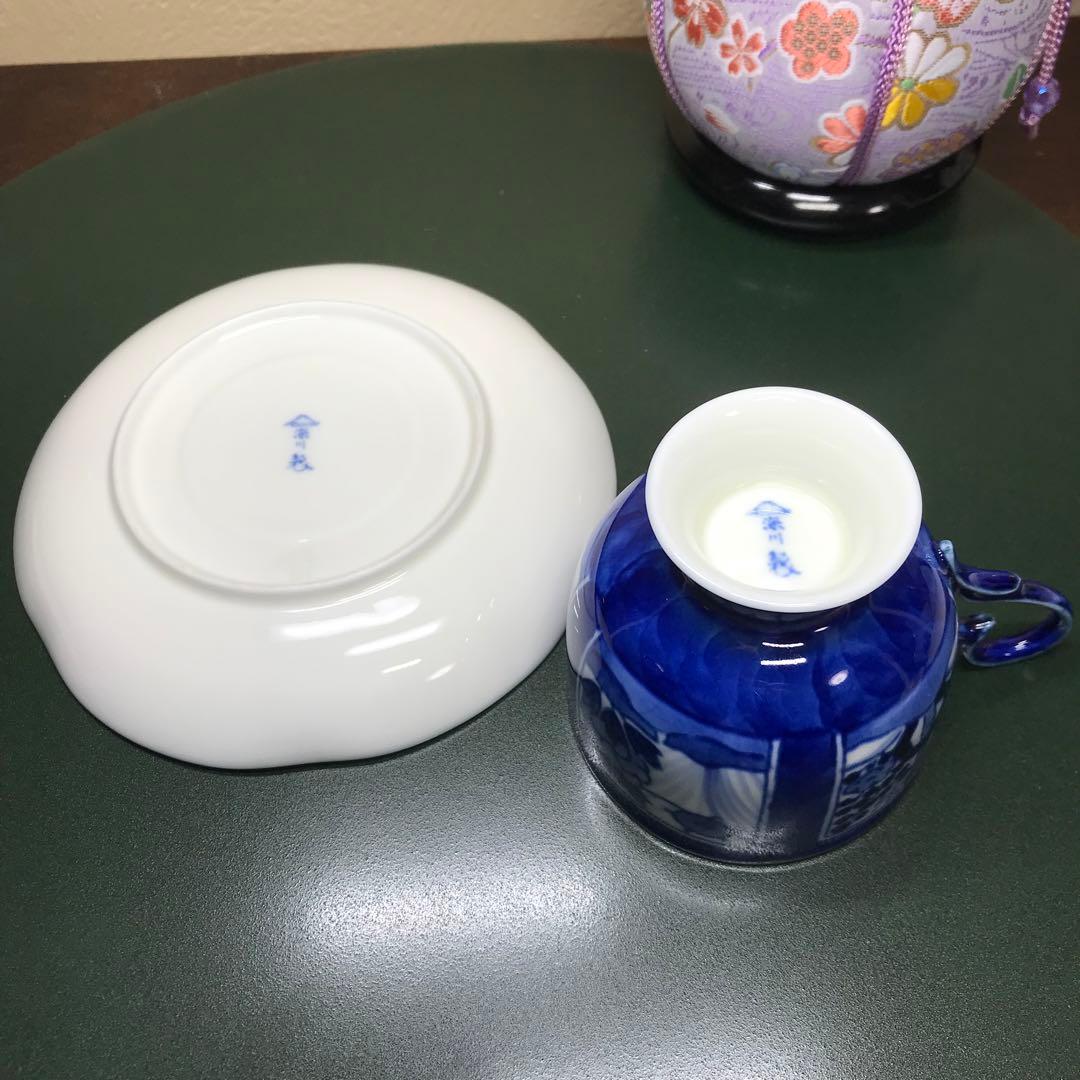 深川製磁　VOC 芙蓉手　染付高台　コーヒーカップ&ソーサーと20cm皿　希少