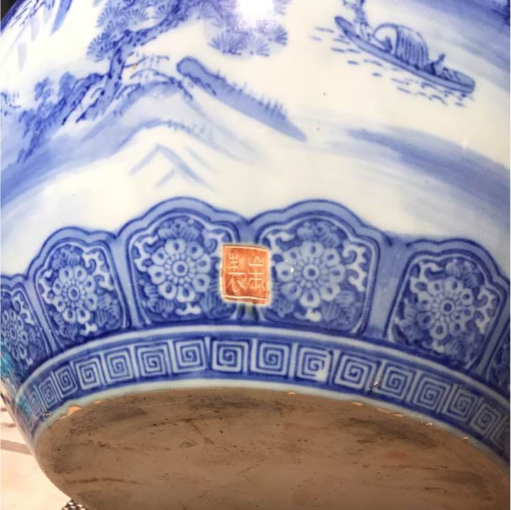 昭和時代初期 有田 山本窯製 染付桜閣山水文大火鉢 骨董品