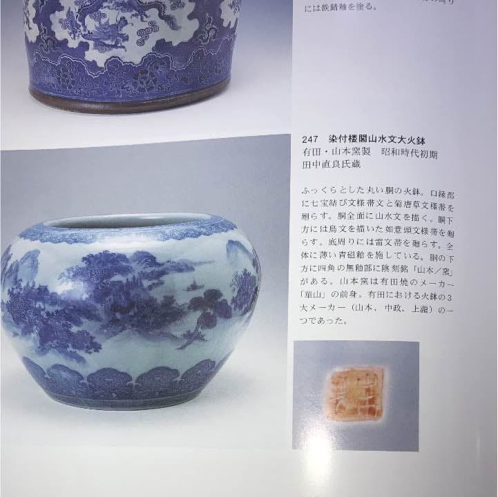 昭和時代初期 有田 山本窯製 染付桜閣山水文大火鉢 骨董品