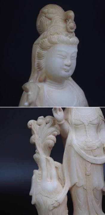 送料無料　古い白石彫刻 龍頭観音菩薩立像 箱付 中国古玩 仏教美術