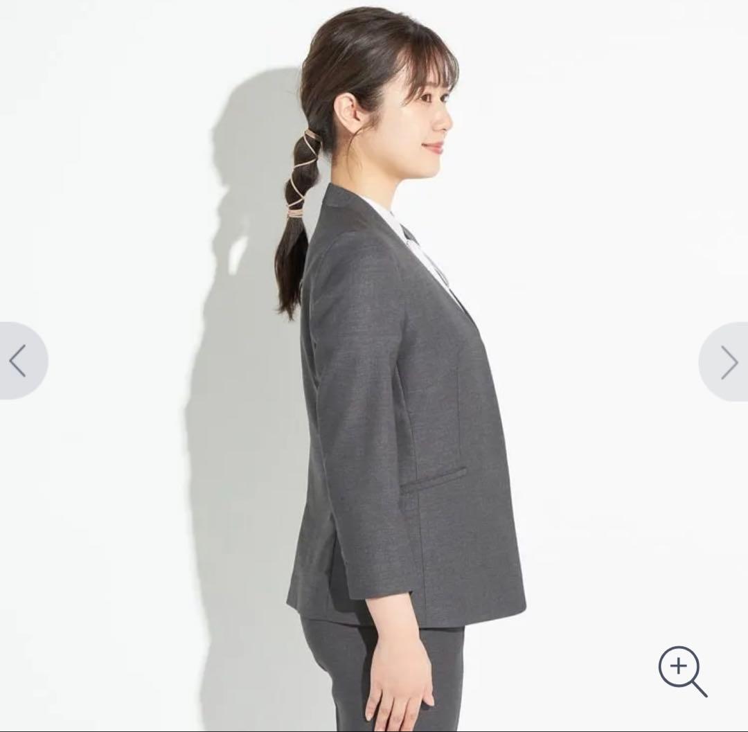アオキ⭐️麻調 ノーカラー 七分袖 セットアップ パンツ スーツLES MUSE