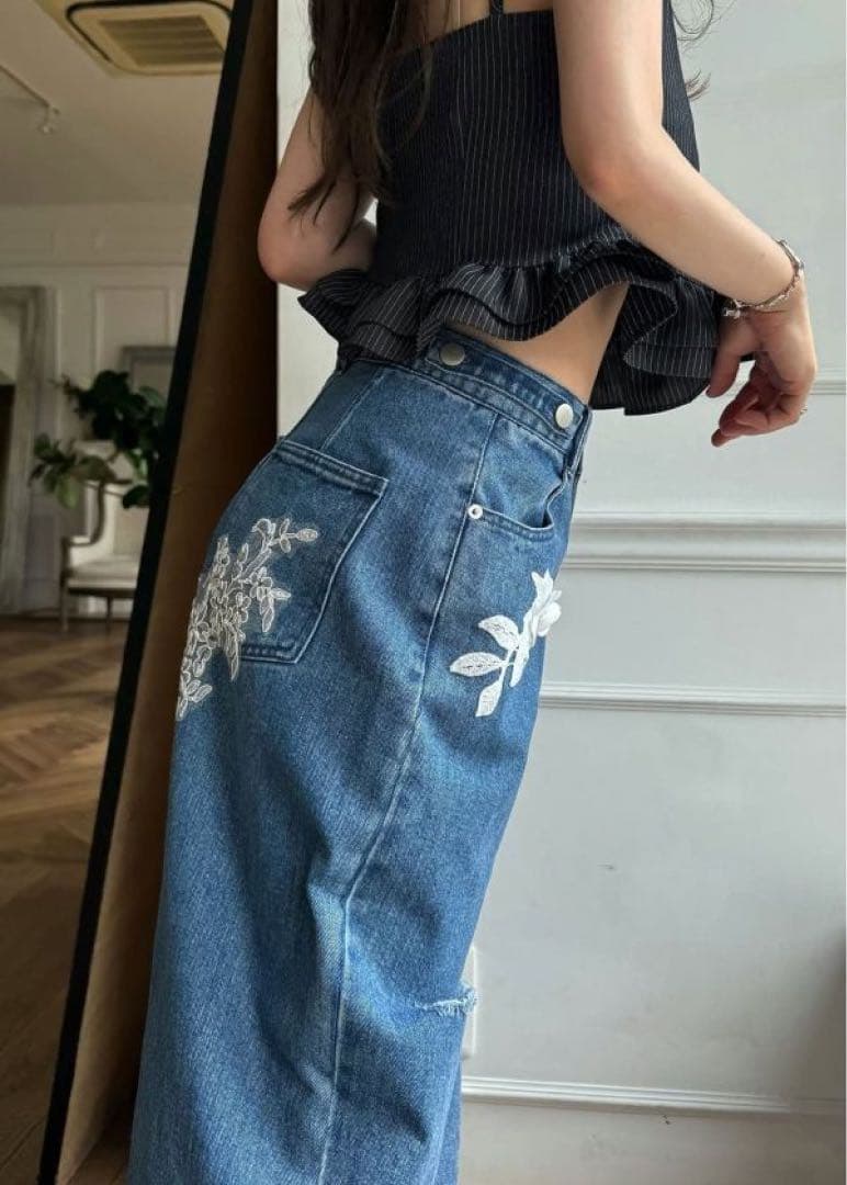 パンツ size adjust motif lace loose denim PT