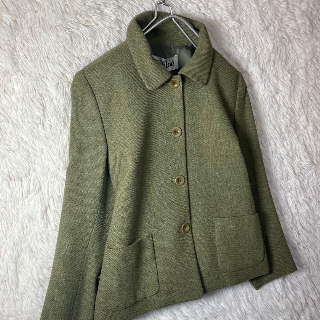 美品 Chloé クロエ ウールカシミヤジャケット シングルボタン カーキ L