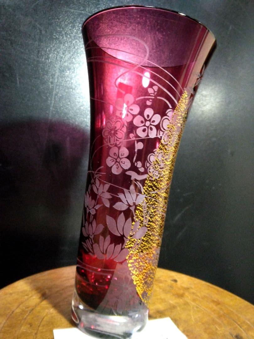 未使用　江戸　切子　金彩　硝子 紅玻璃 花器 日本製 東洋佐々木ガラス　伝統工芸