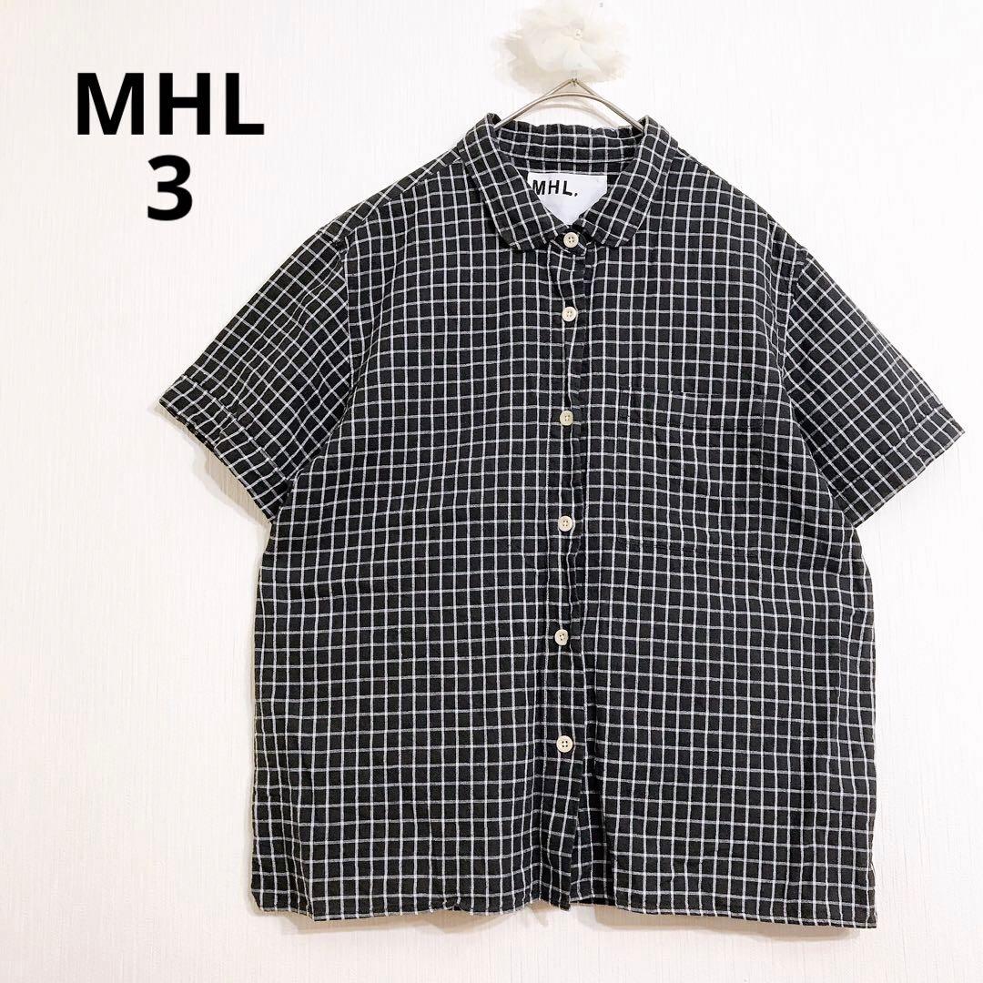 マーガレットハウエル チェック半袖シャツ コットン×リネン カジュアル 黒 白