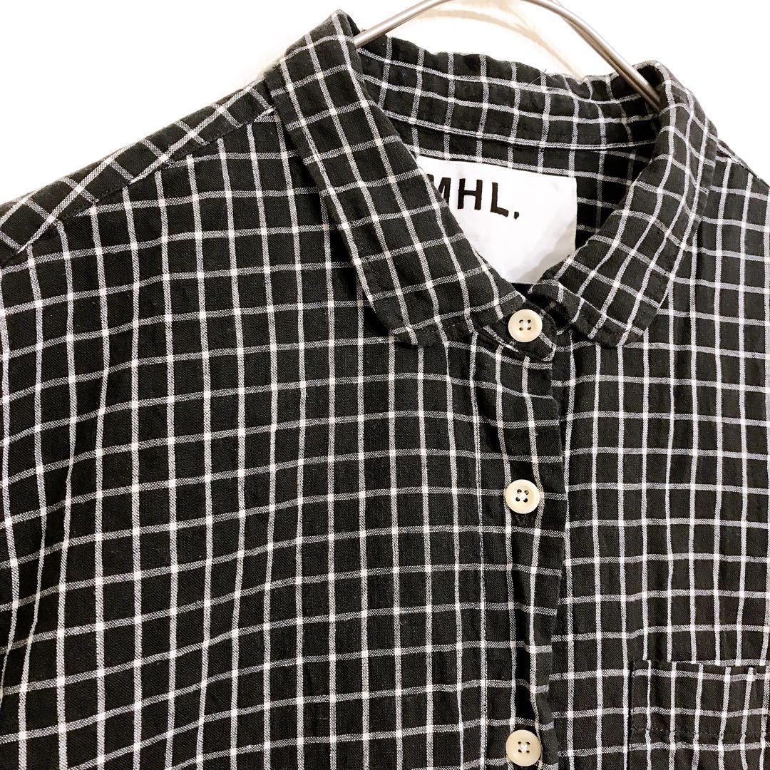 マーガレットハウエル チェック半袖シャツ コットン×リネン カジュアル 黒 白