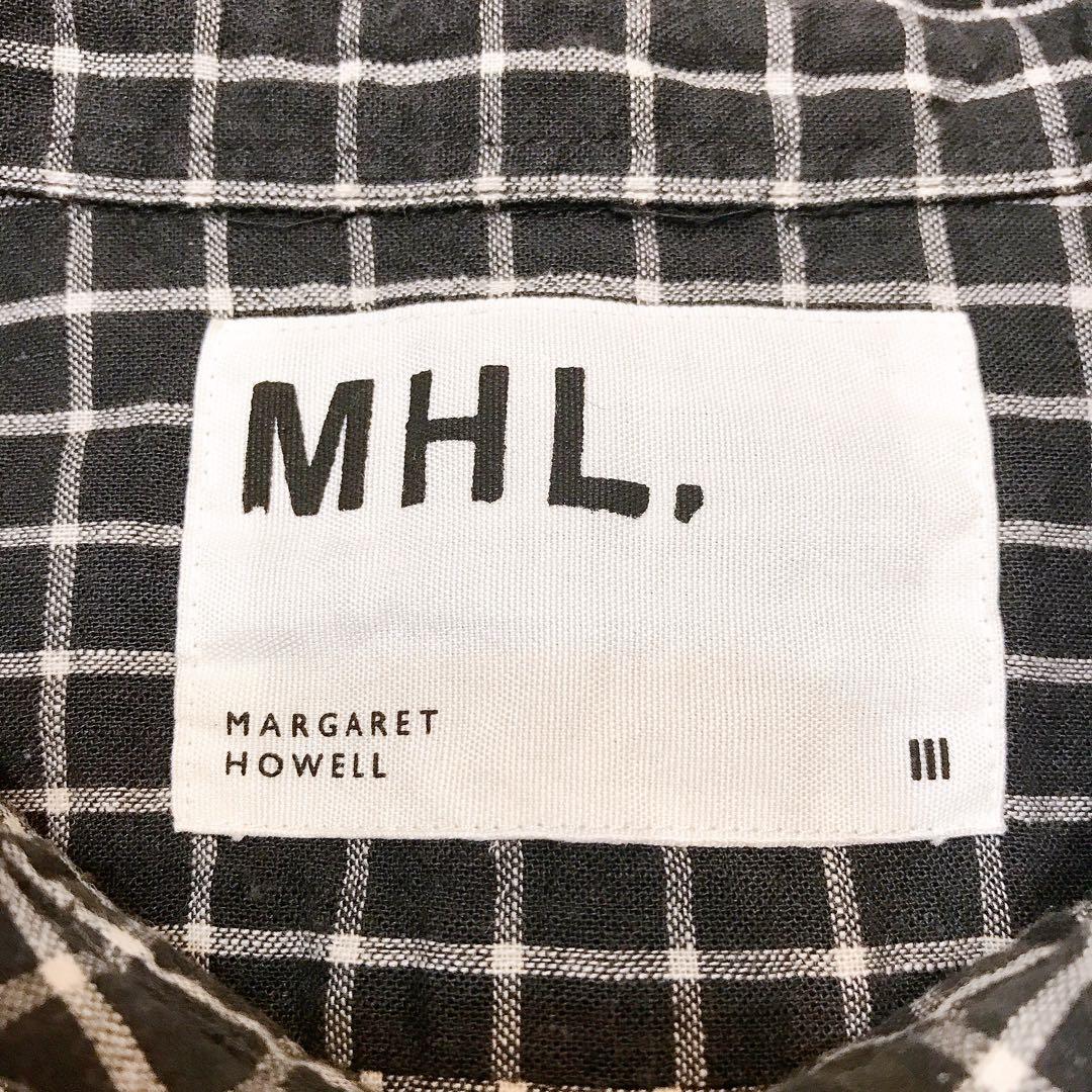マーガレットハウエル チェック半袖シャツ コットン×リネン カジュアル 黒 白