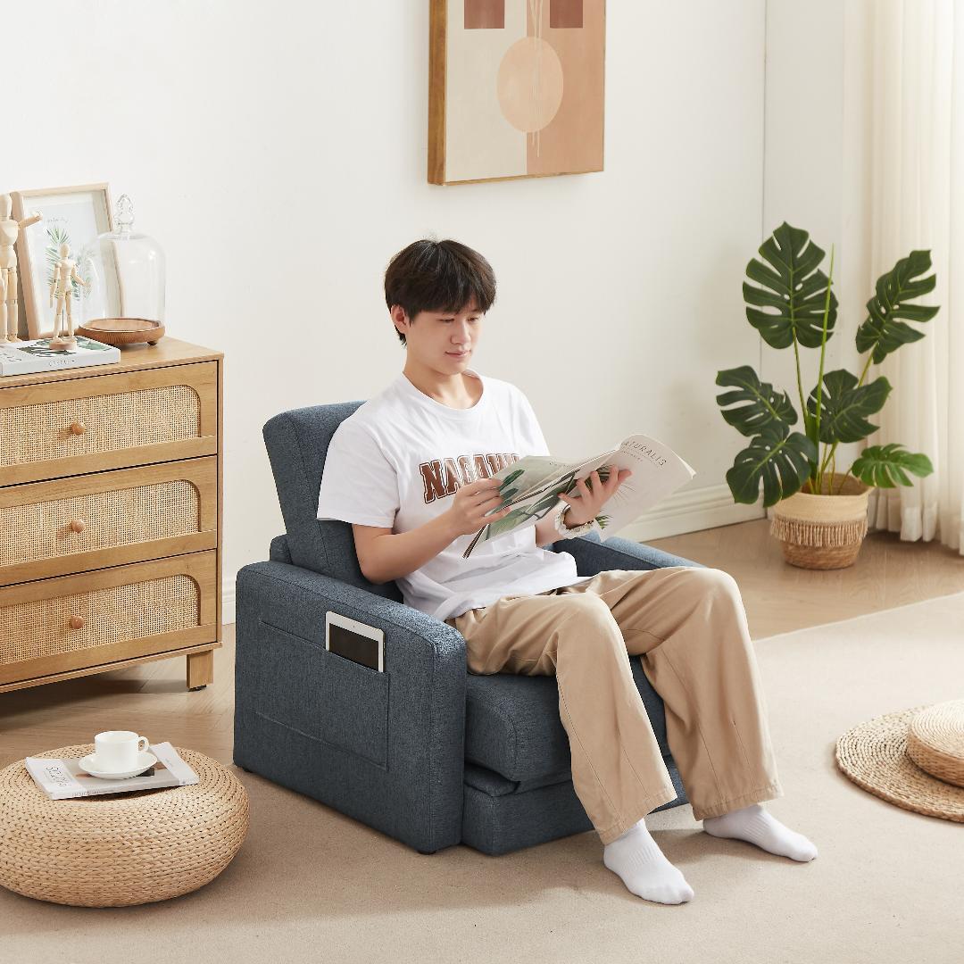 【ブルー】ソファーベッド 折りたたみベッド ローソファー シングルソファーベッド