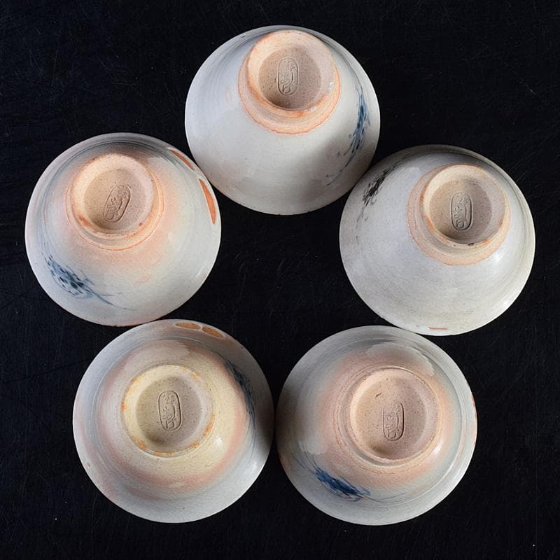 煎茶道具　虫明焼　蟹文　煎茶碗　五客　箱蓋無し　V　R8756