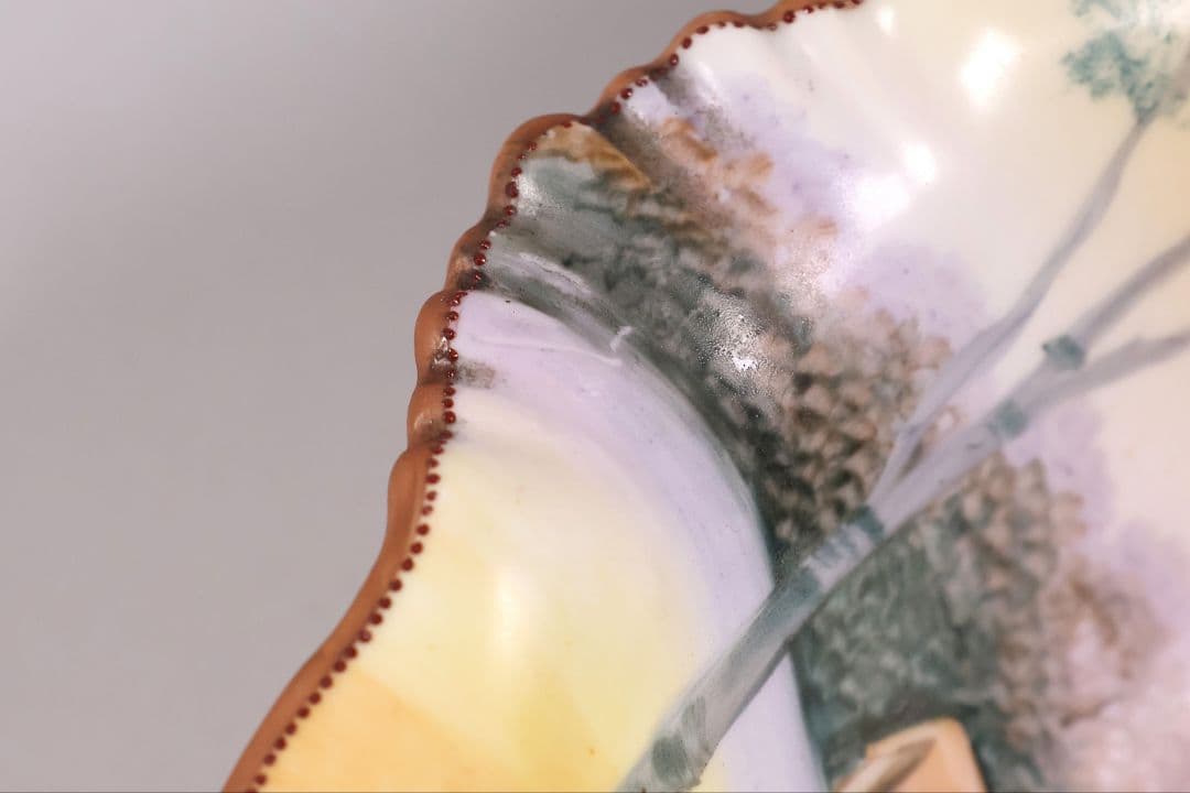 【CM309】オールドノリタケ 風景 薔薇 皿 鉢 幅21.8cm 湖畔 明治