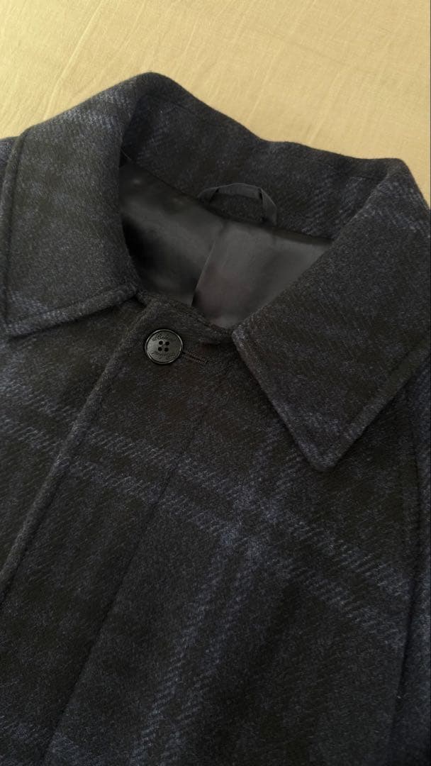 美品　Belvest ウール ステンカラーコート ダークブルー系チェック　46