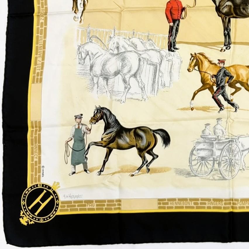 HERMES エルメス カレ90 国立種馬飼育場 スカーフ タグあり ブラック系