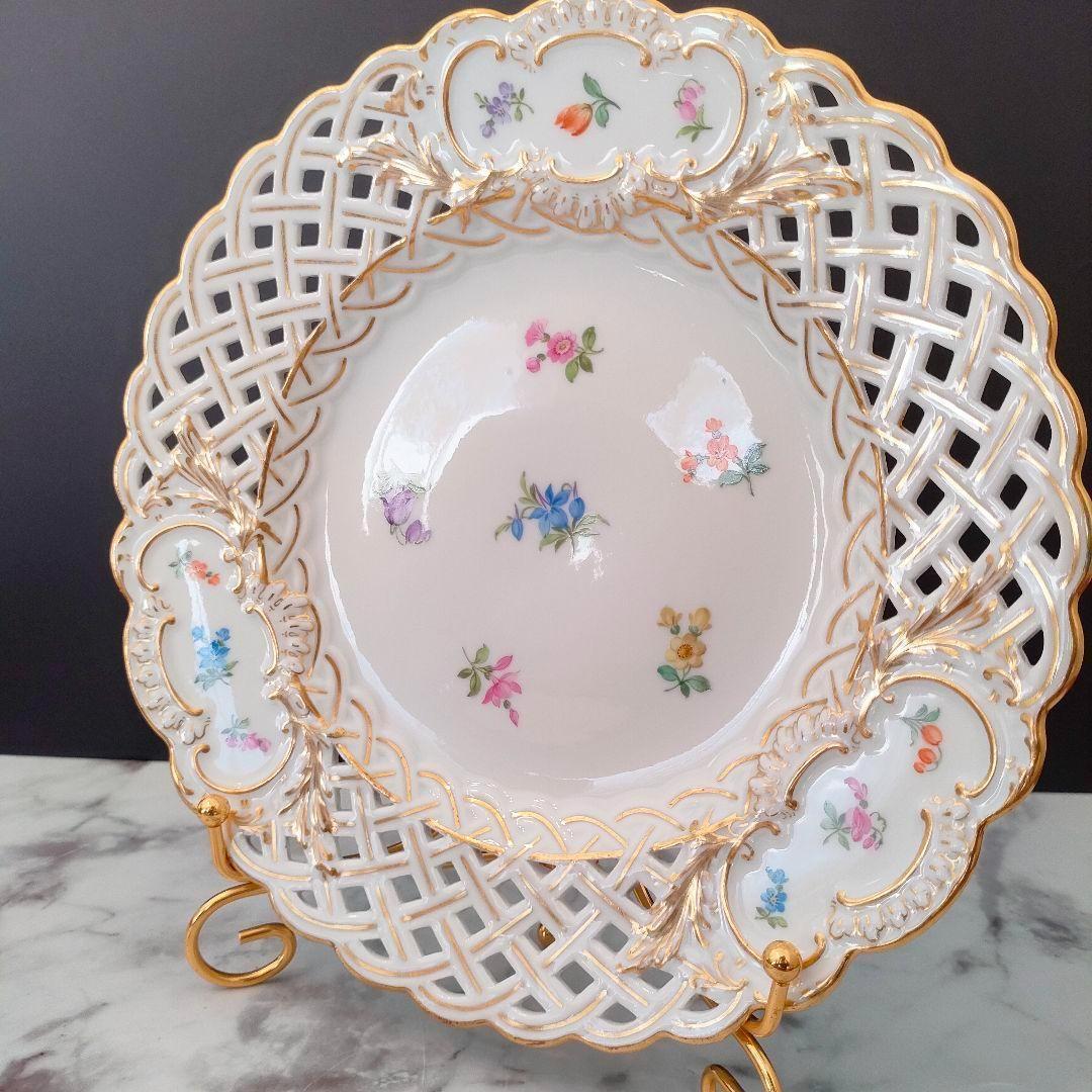 20.5㎝★マイセン 美品 小花 フワラー 透かしプレート ピアスエッジ 金彩