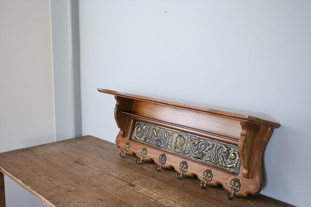 フランスアンティーク木製ウォールフック/シェルフ/壁掛けラック(90-86)