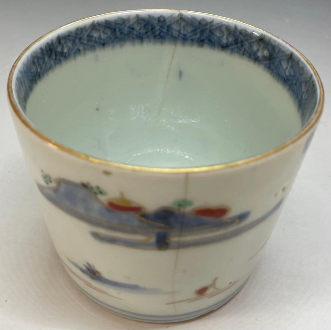 蕎麦猪口　楼閣山水図　古伊万里　切込　染錦　5客　C0095
