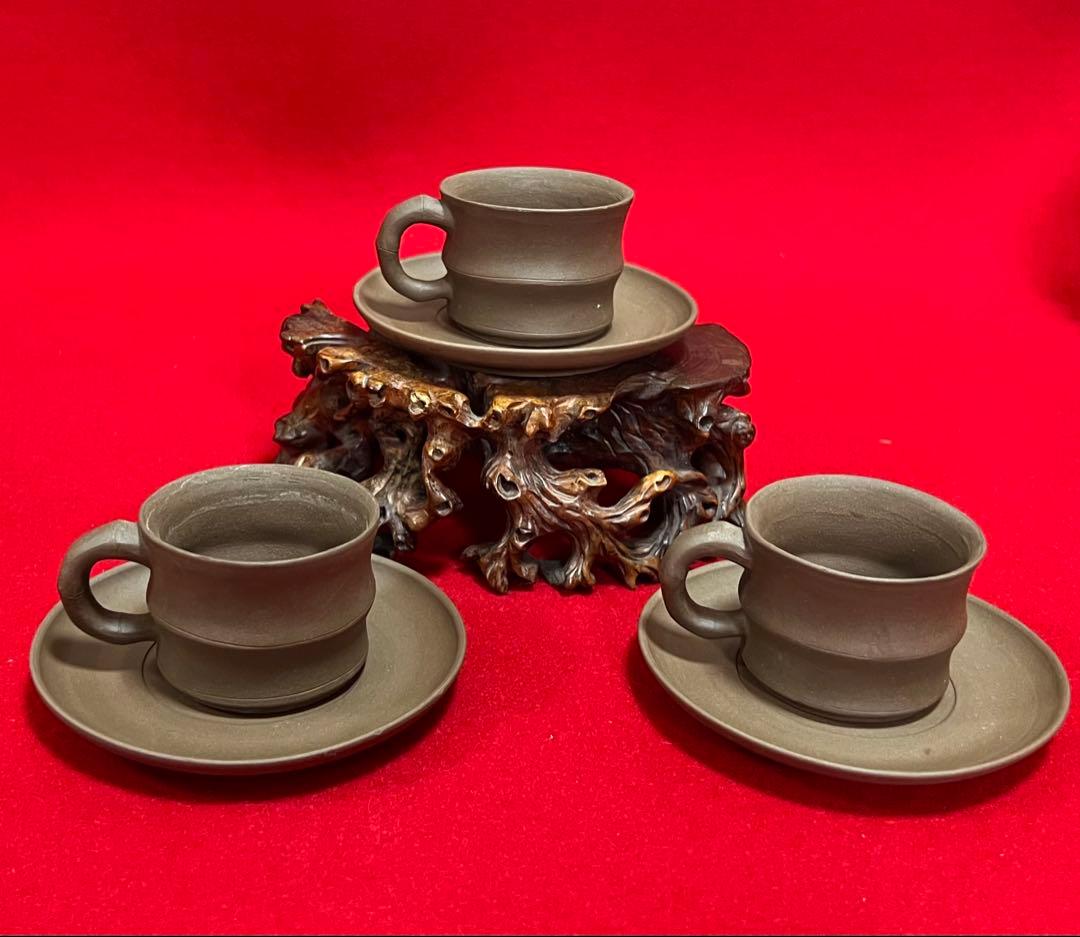 希少 中国美術 中國宜興紫砂 竹節紋樣 茶道具 カップ&ソーサー