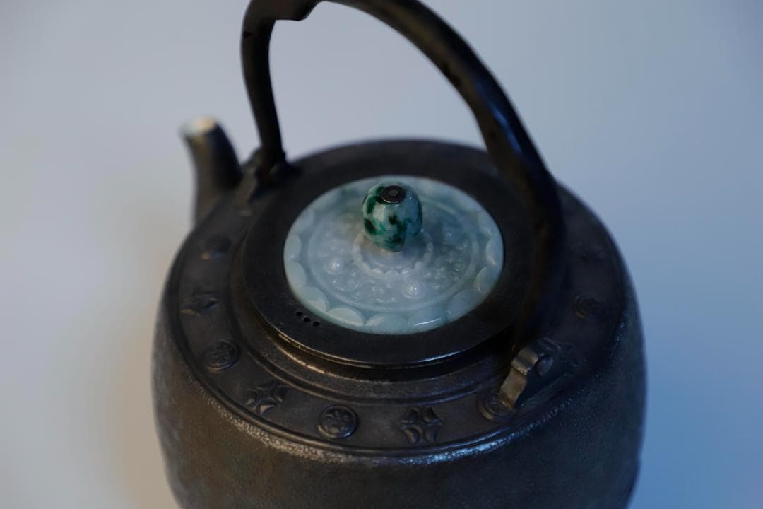 純銀製 青銅器紋 玉摘蓋 湯沸 銀瓶 煎茶道具