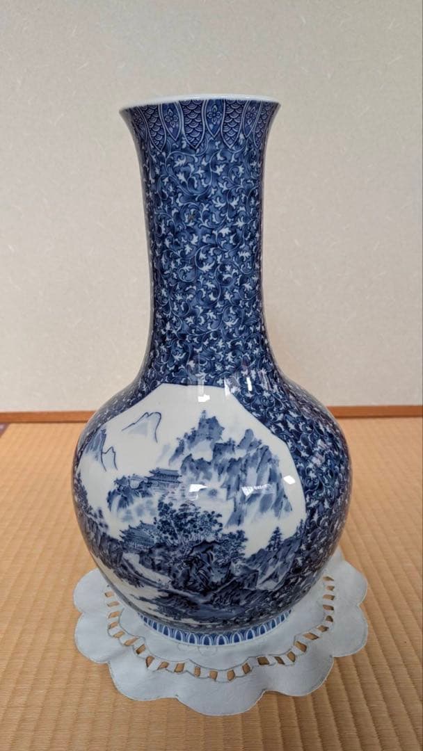 青白磁 花瓶 風景画 ボトル型