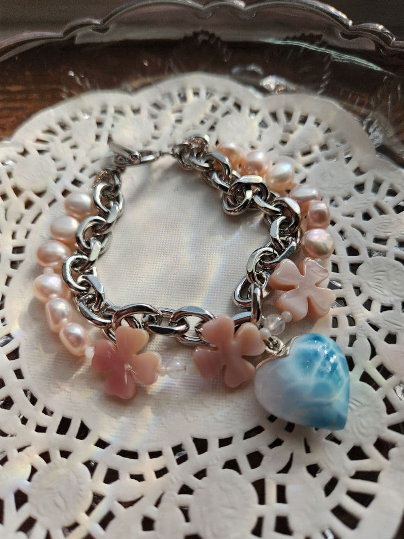 handmade ラリマーハートチャームの2連ブレスレット