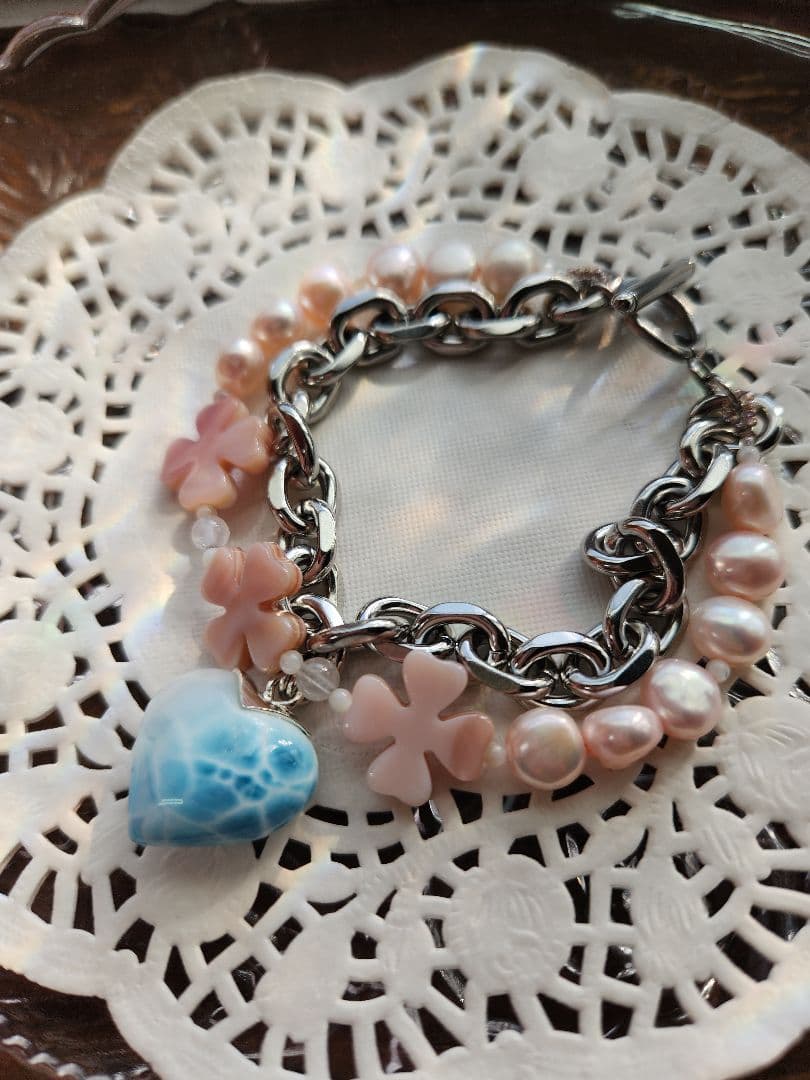 handmade ラリマーハートチャームの2連ブレスレット