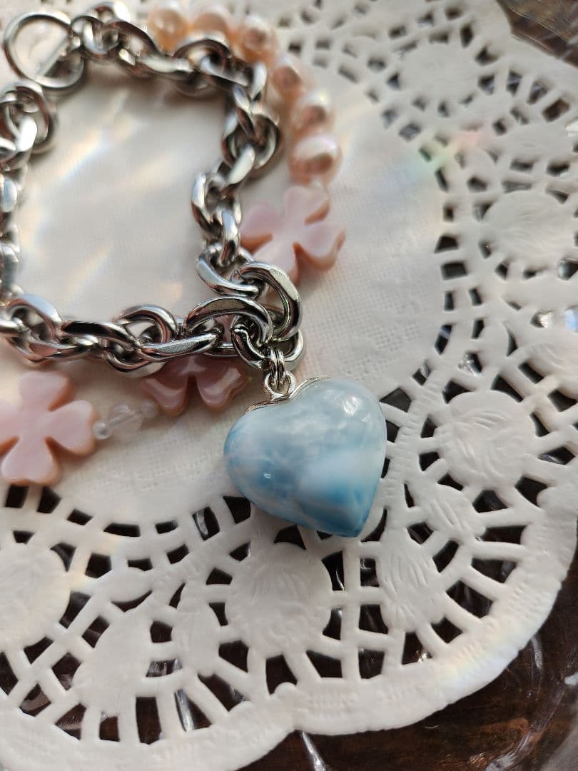 handmade ラリマーハートチャームの2連ブレスレット