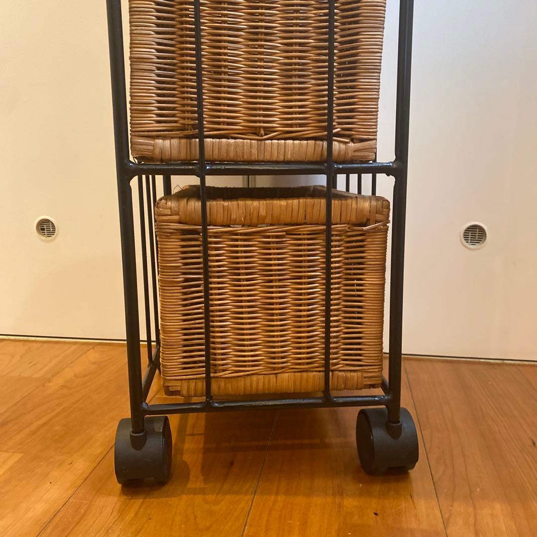 黒アイアン ラタンラック×8引出し バスケット棚 キャスター付 昭和レトロ