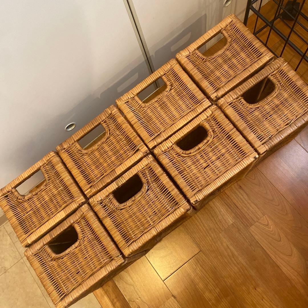 黒アイアン ラタンラック×8引出し バスケット棚 キャスター付 昭和レトロ