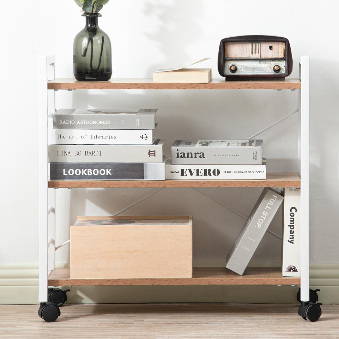 【ナチュラル】パソコンデスクキャスター付きで移動可能ラック付きデスクワークデスク