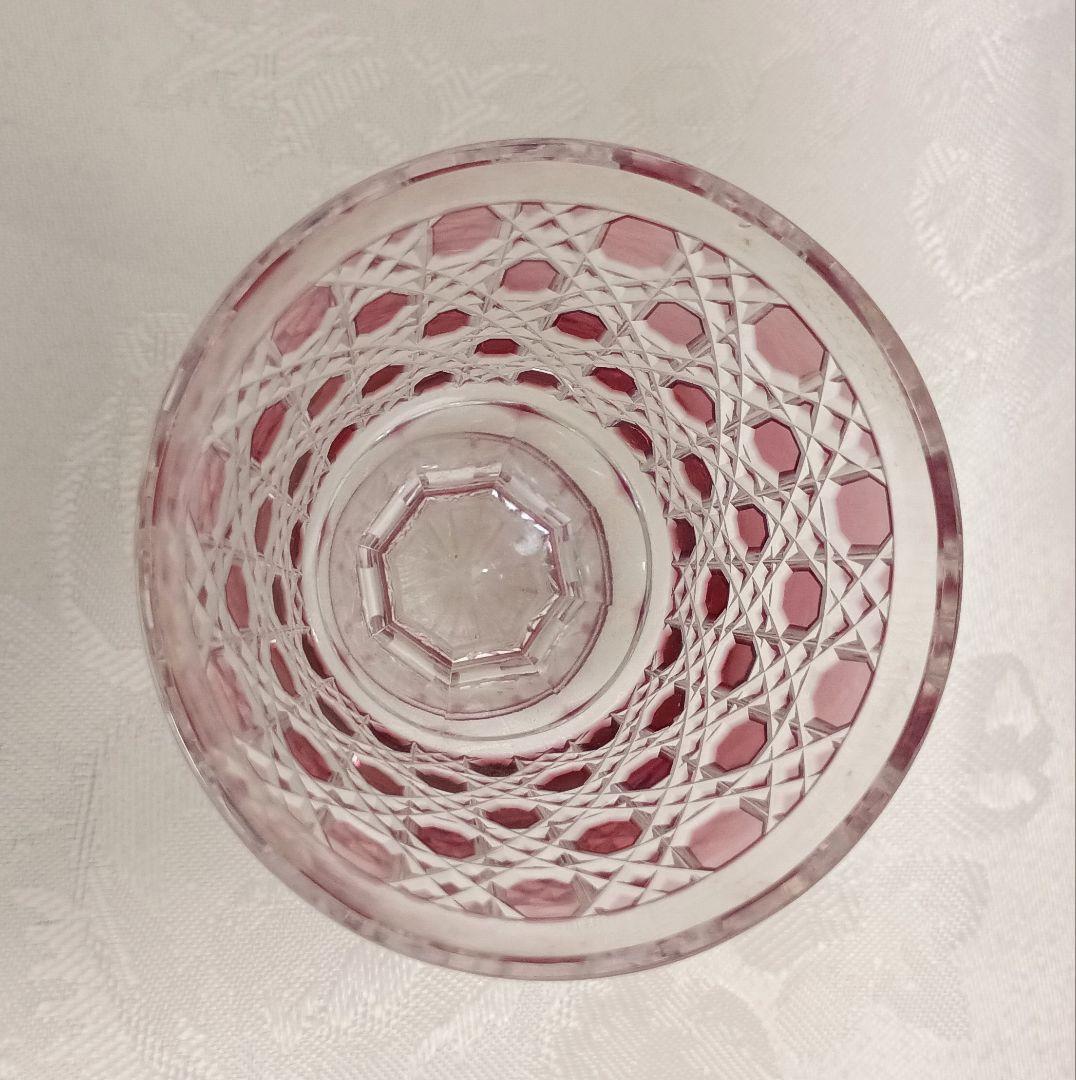 ほぼ未使用 薩摩切子 紅被硝子 籠目 高杯 江戸びいどろ ペアグラス 木箱付き