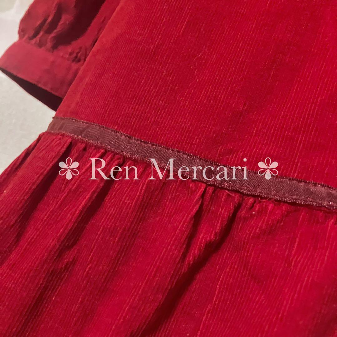 ストロベリーレッド コーデュロイ お花刺繍のチュールヨークワンピース