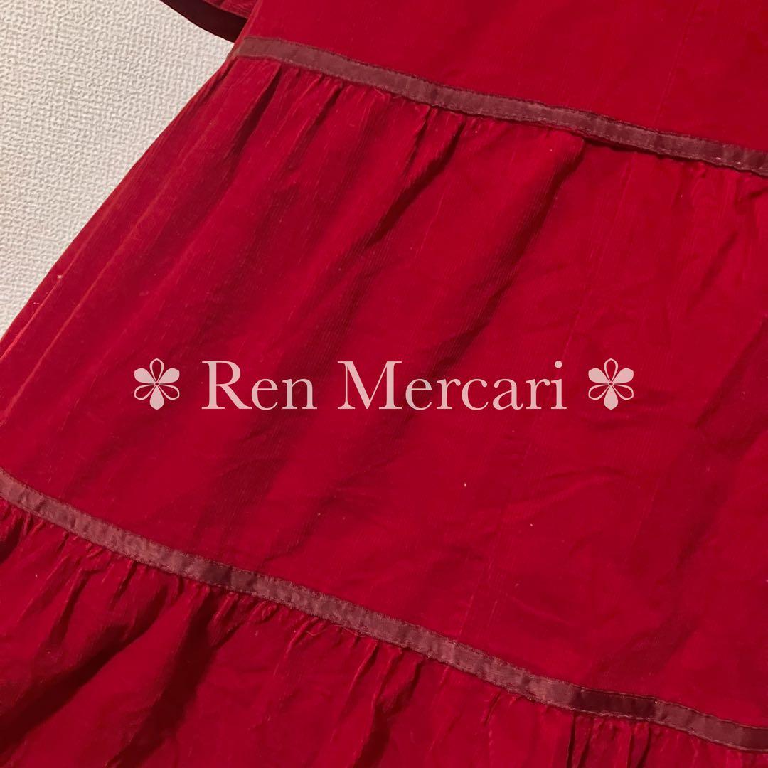 ストロベリーレッド コーデュロイ お花刺繍のチュールヨークワンピース