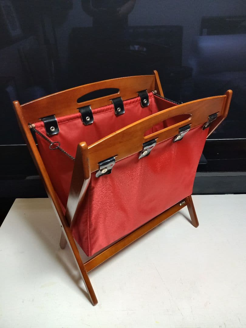 1970's　カリモク　ウッド　レッド　ファブリック　モダン　バスケット