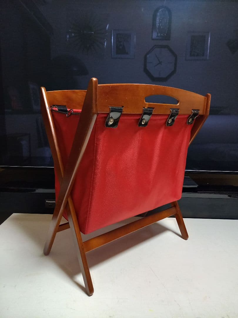 1970's　カリモク　ウッド　レッド　ファブリック　モダン　バスケット