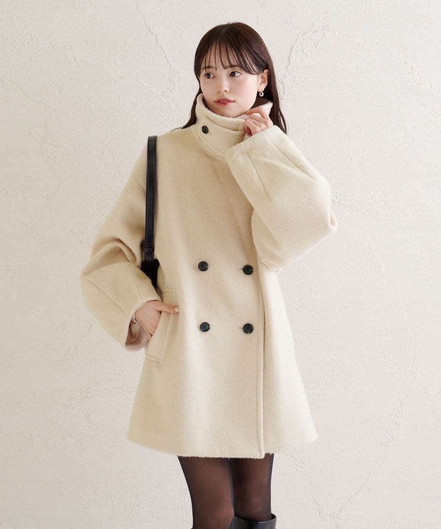 mystic ウール混 シャギーミドルコート アイボリー