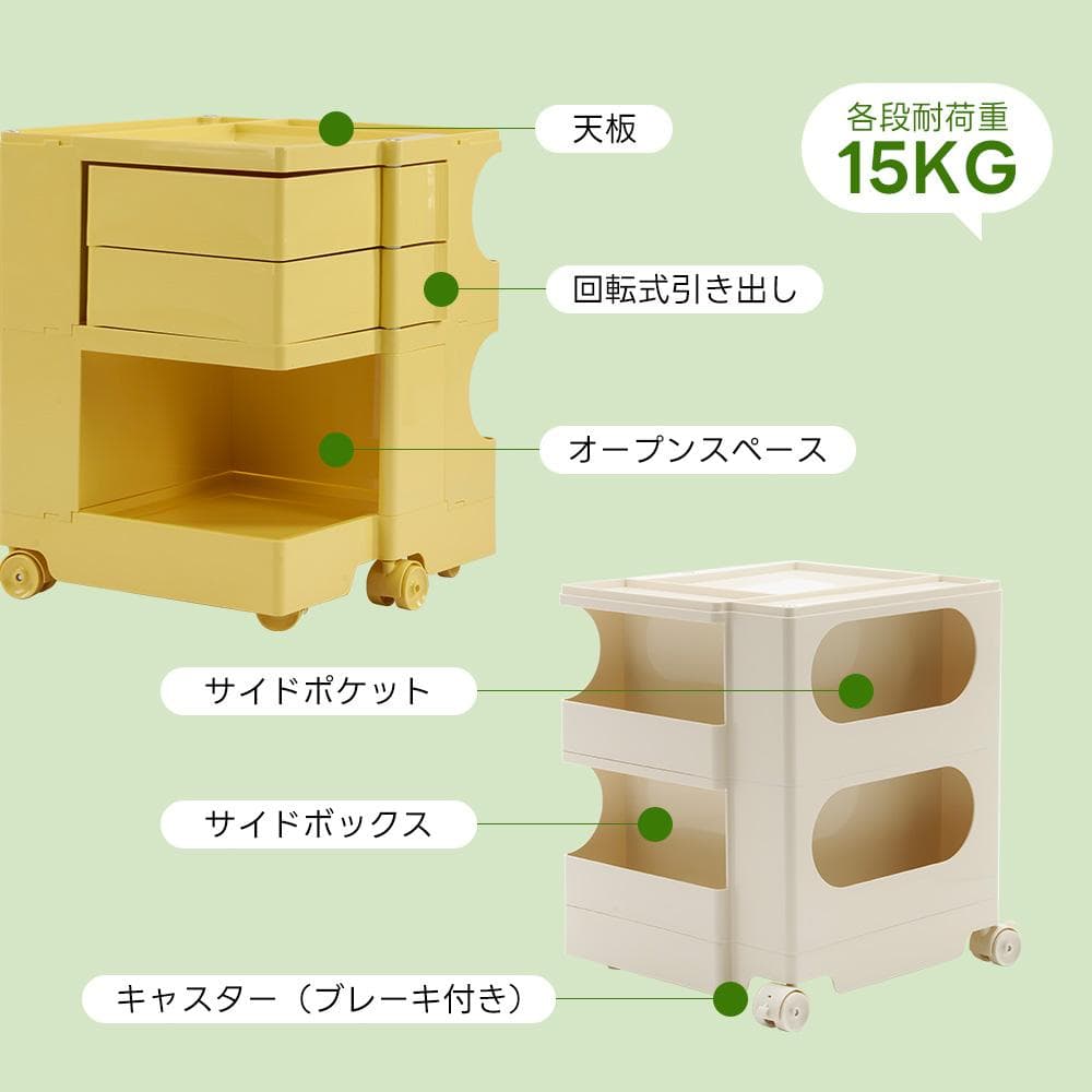 2段回転式収納ワゴン ボビーワゴン キャスター付き ブレーキ付き　5COLOR