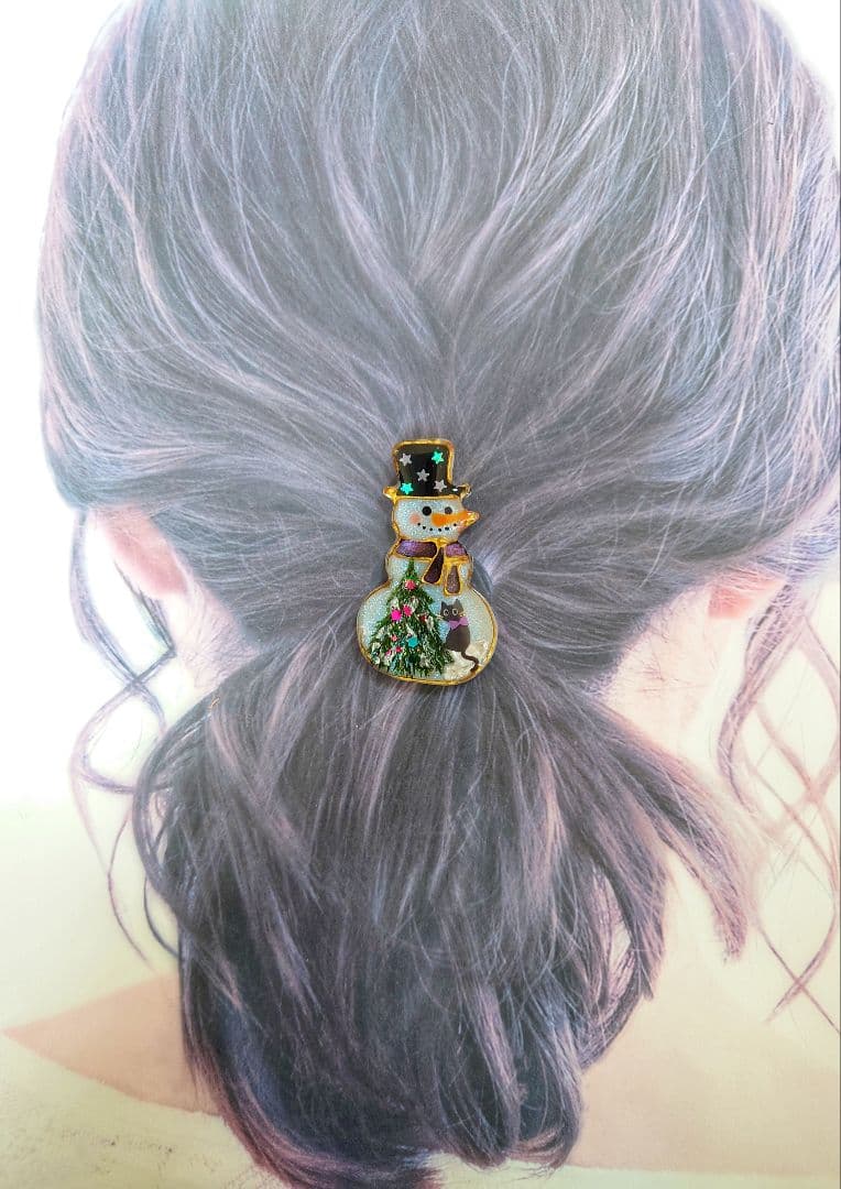 レジン　猫　雪だるま　ヘアゴム　ブローチ　ポニーフック　No.351