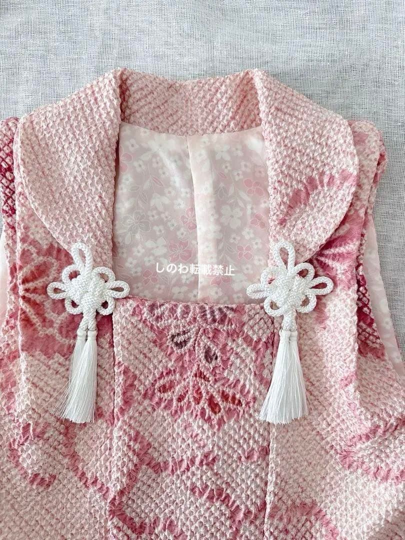 正絹総絞り　お被布　巾着セット　くすみピンク×パープル　菊模様　3歳七五三