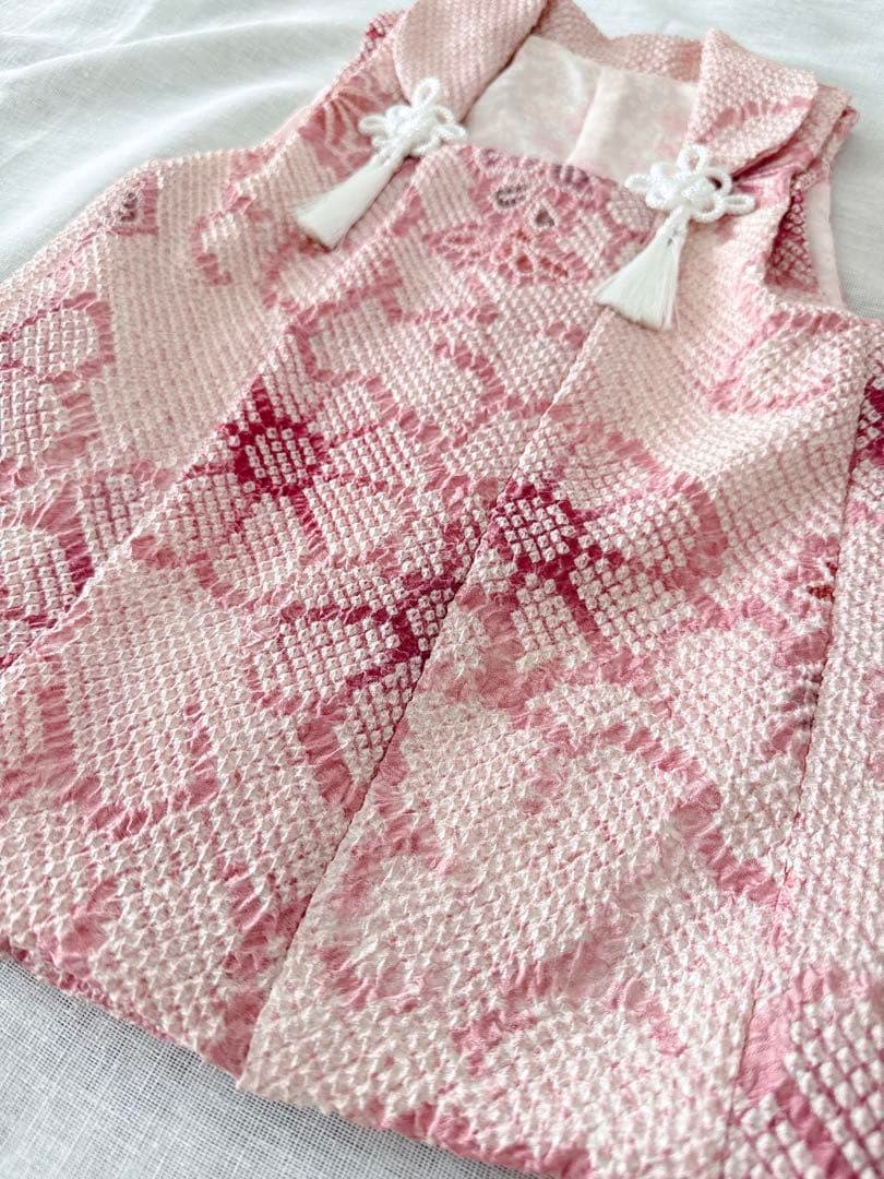 正絹総絞り　お被布　巾着セット　くすみピンク×パープル　菊模様　3歳七五三