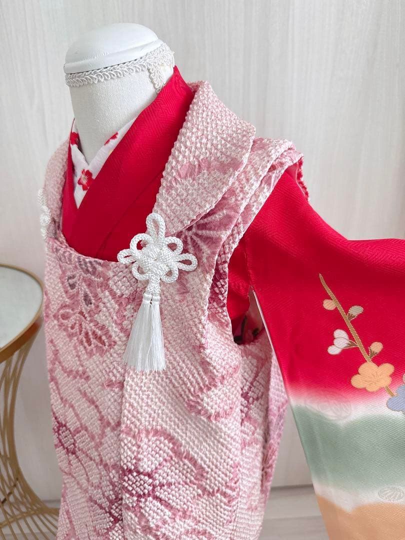 正絹総絞り　お被布　巾着セット　くすみピンク×パープル　菊模様　3歳七五三