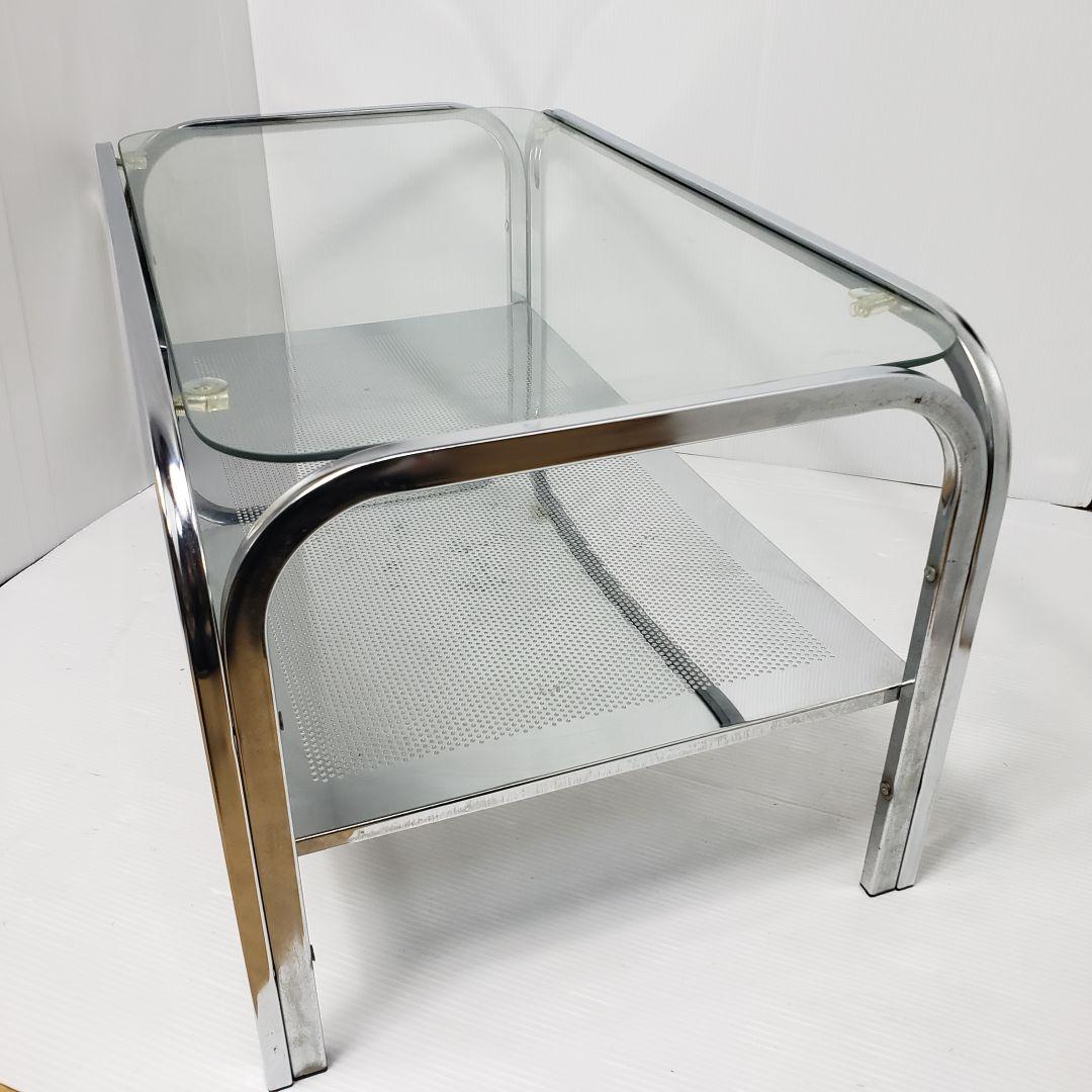 レトロ　ガラステーブル　センターテーブル　シルバー　アイアンフレーム