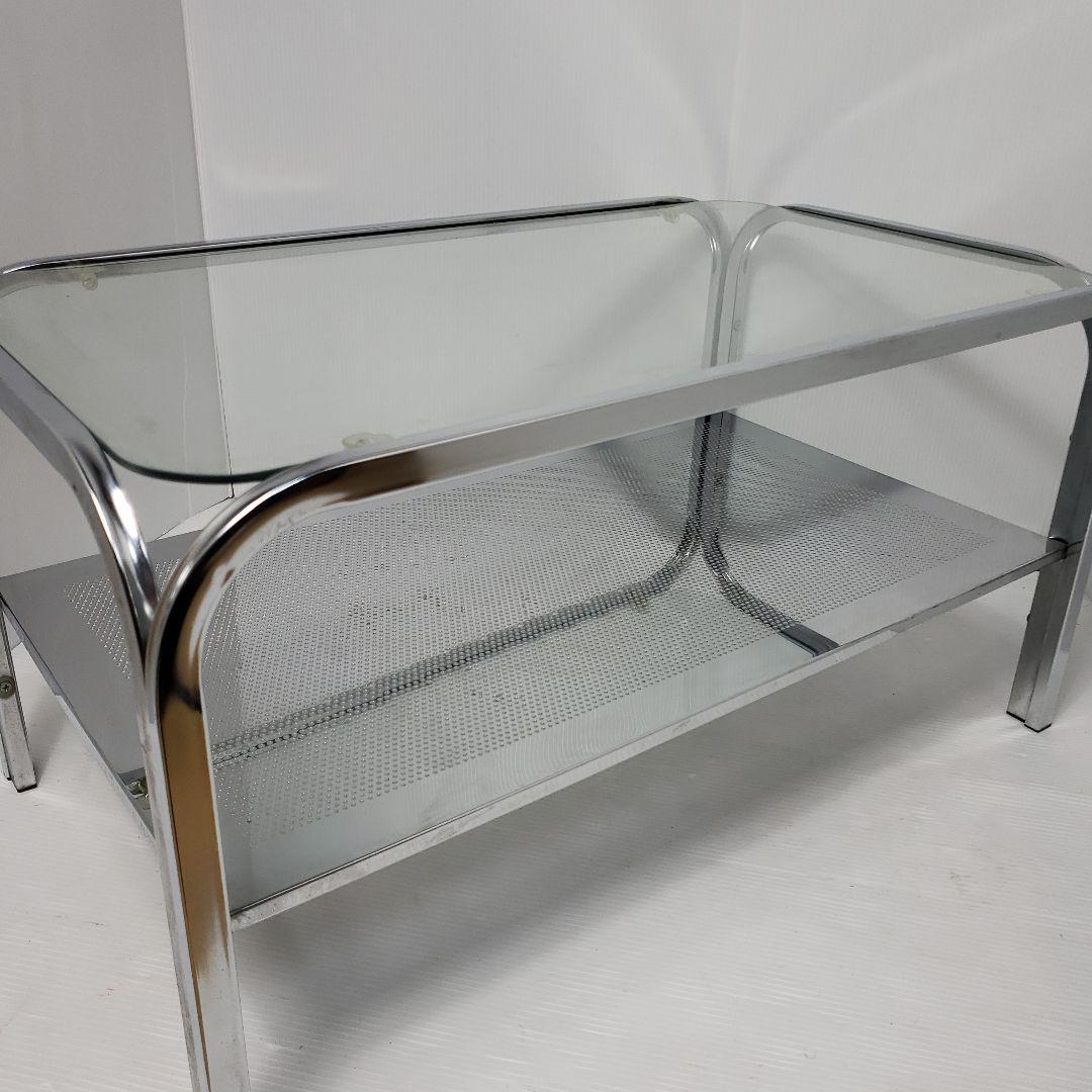 レトロ　ガラステーブル　センターテーブル　シルバー　アイアンフレーム