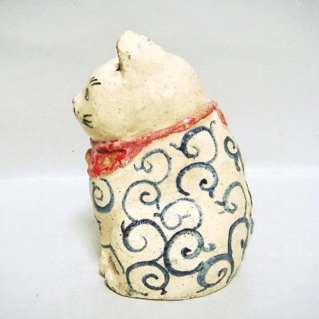 923『青い唐草文 招き猫』陶器　/骨董品 古美術 アンティーク 古玩
