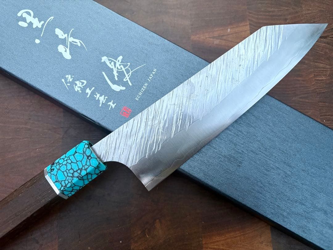黒崎優　風神　文化(切付) 165mm 包丁　粉末ハイス　ウエンジ柄ターコイズ桂