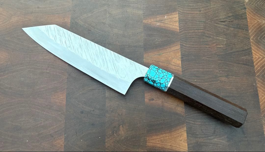 黒崎優　風神　文化(切付) 165mm 包丁　粉末ハイス　ウエンジ柄ターコイズ桂