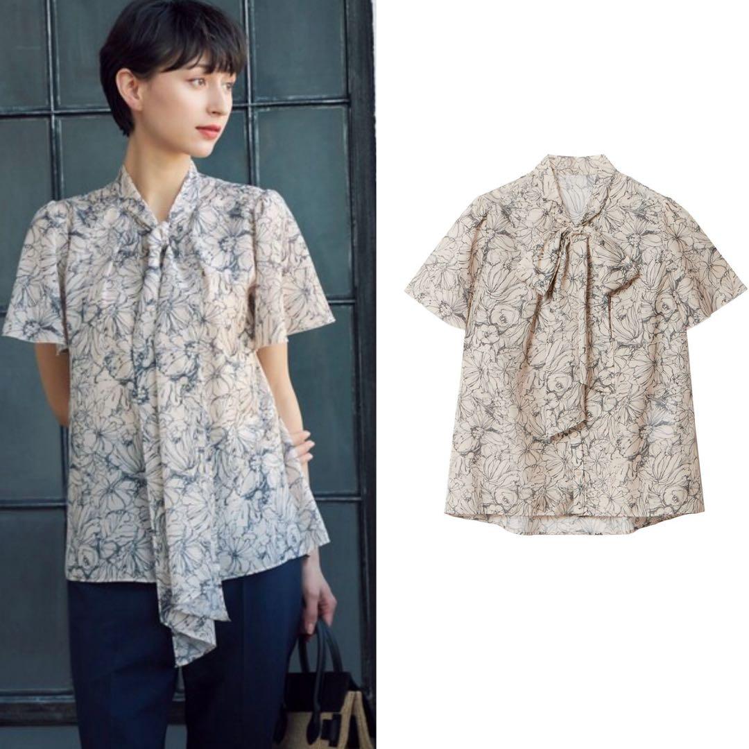 Blue☺︎ ANAYI ラインフラワープリントボウタイ ブラウス 24SS