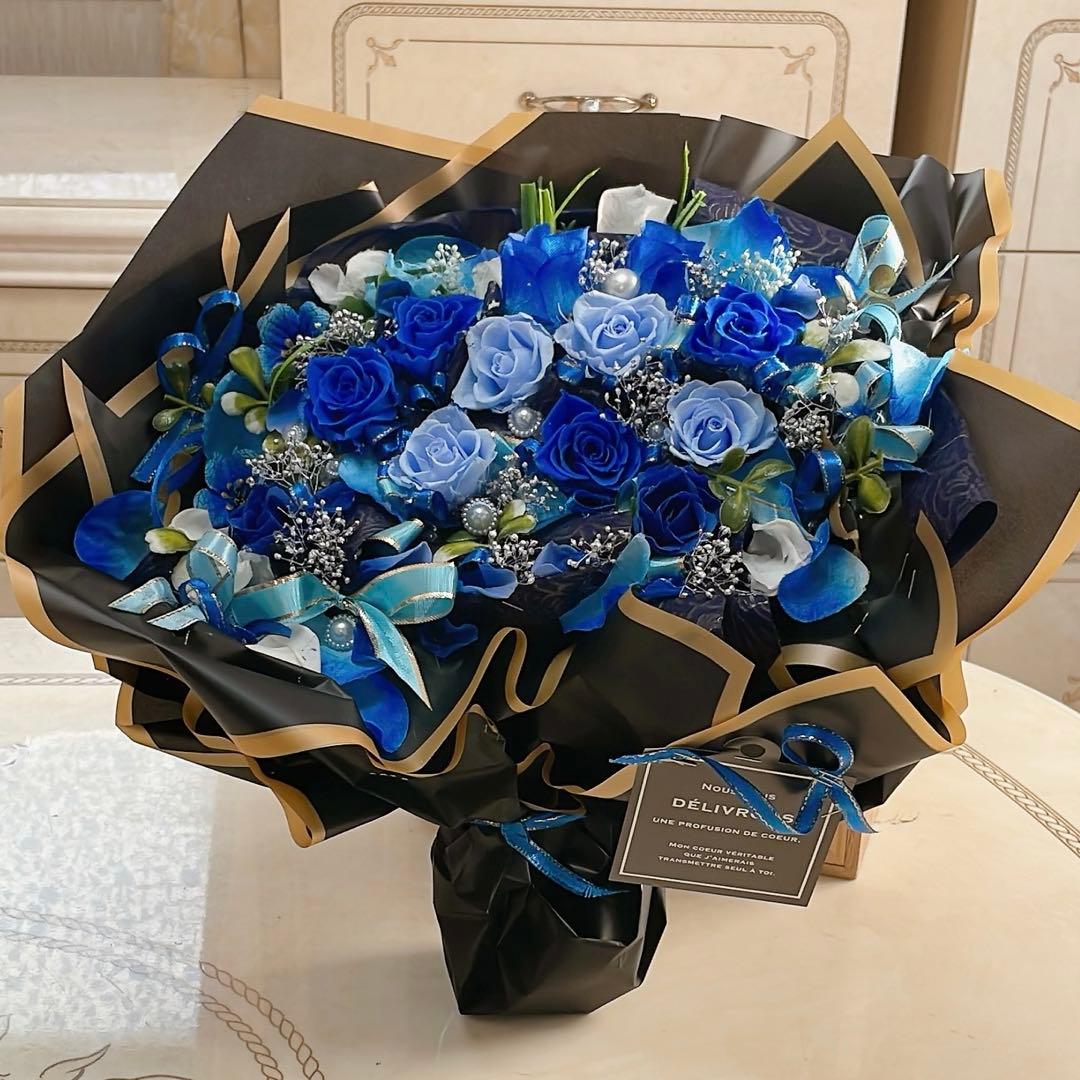 ✨特大✨ボリュームのある花束✨水色＆青バラプリザ＆アーティフィシャルアレンジメ✨