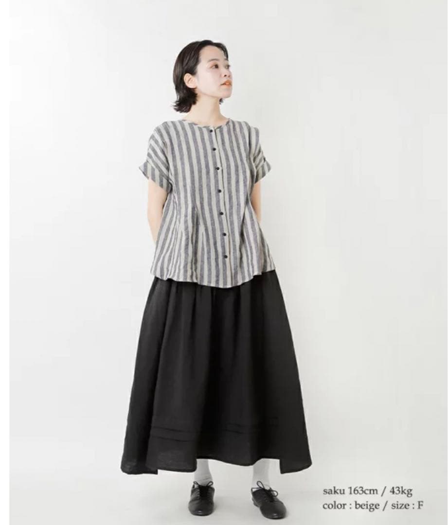 美品　MAGALI マガリ ストライプリネンタックショルダーブラウス