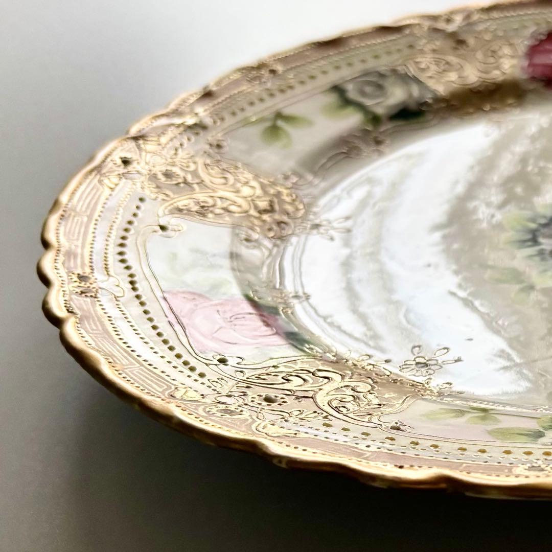 アンティーク　オールドノリタケ　初期メイプルリーフ印　薔薇金彩プレート【稀少品】